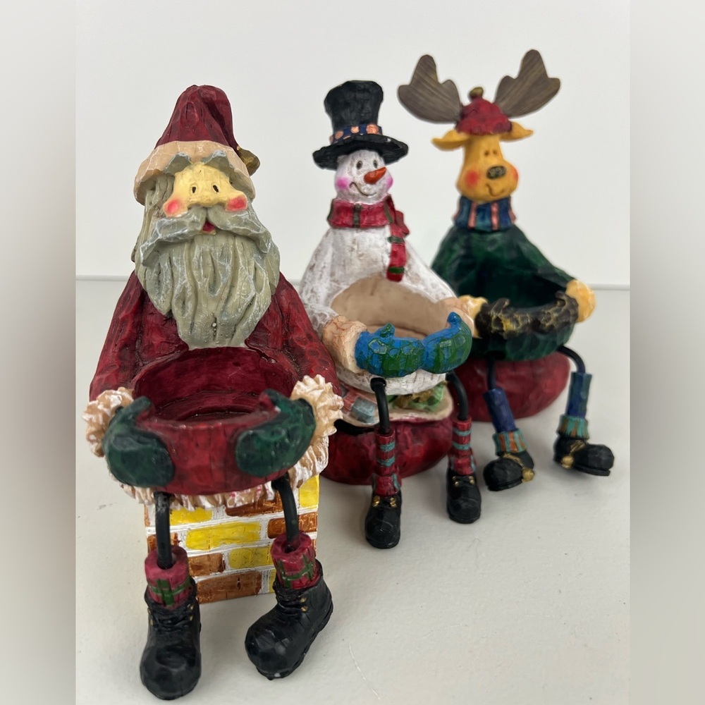 Christmas Tea Light Candle Holders - Folk Art Reindeer, Snowman & Santa